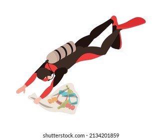 Isometric water ocean pollution composition with character of floating diver collecting waste on blank background vector illustration