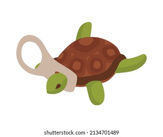 Isometric water ocean pollution composition with isolated image of stuck turtle on blank background vector illustration