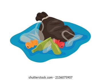 Isometric water ocean pollution composition with pieces of household waste floating on water surface vector illustration