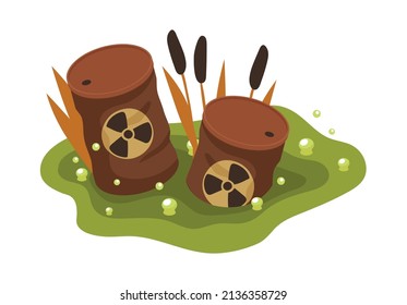 Isometric water ocean pollution composition with images of toxic waste cans with radiation signs vector illustration