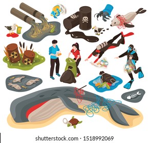 Isometric water ocean pollution set of isolated images with toxic waste dead animals and underwater collectors vector illustration