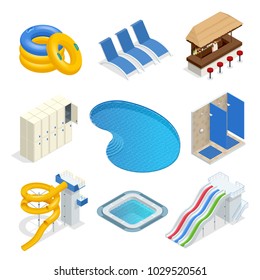 Isometric Water Park Attractions Vector Icon Set With Inflatable Swimming Circles, Sun Beds, Locker Room, Lockers, Pool, Bar, Shower, Slide. Aqua Park Flat Isometric Design Elements.