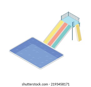 Isometric Water Park Icon With Swimming Pool And Colorful Slides 3d Vector Illustration