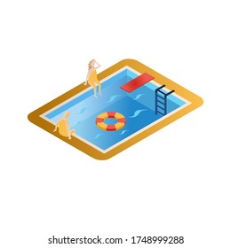 Isometric of water pool on which the girl and the man are sitting. People sit on the sides and look at the lifebuoy in the daytime. Vector illustration