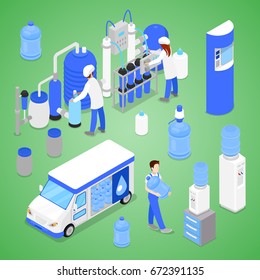 Isometric Water Purification Factory with Workers Inspecting the Quality Production. Vector flat 3d illustration