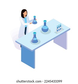 Isometric water purification icon with female scientist working in laboratory 3d vector illustration