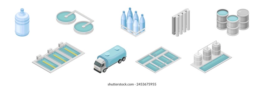 Isometric Water Purification Industrial System Technology Facility Vector Set