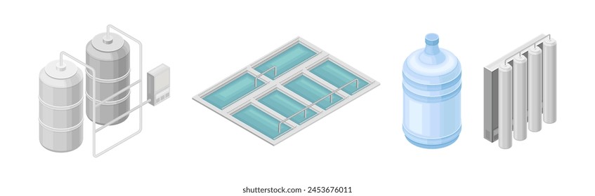 Isometric Water Purification Industrial System Technology Facility Vector Set