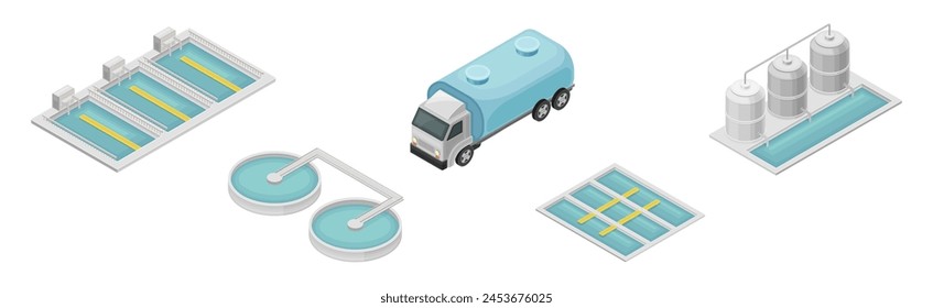 Isometric Water Purification Industrial System Technology Facility Vector Set