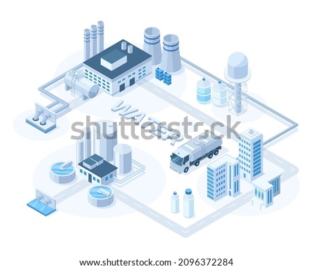 Isometric water purification system, wastewater treatment concept. Water pumping station, wastewater treatment vector illustration. Industrial water purification technology with reservoir equipment Сток-фото © 