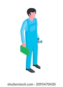Isometric water purification technology composition with male character of plumber with wrench vector illustration