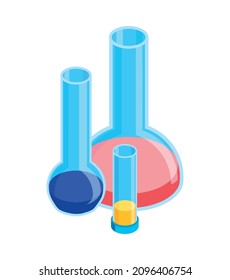 Isometric water purification technology composition with images of glass flasks with colorful liquids vector illustration