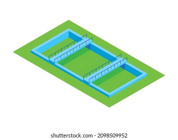 Isometric water purification technology composition with isolated image of empty basin with bridges vector illustration