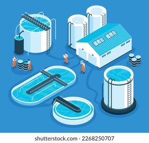 Isometric water purification technology isometric composition with isolated view of aeration station buildings and factory units vector illustration