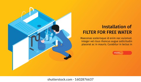 Isometric water purification technology horizontal banner with character of handyman editable text and slider button vector illustration