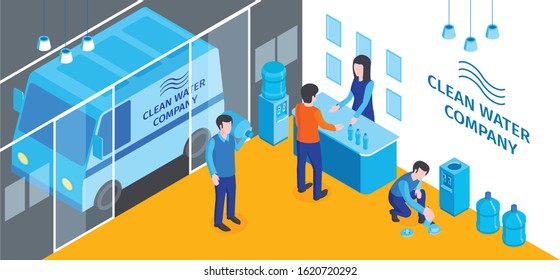 Isometric water purification technology horizontal composition with indoor office scenery and reception desk with delivery van vector illustration