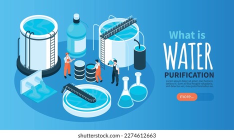 Tecnología de purificación de agua isométrica pancarta horizontal con texto más botón y tanques con líquido y trabajadores ilustración vectorial