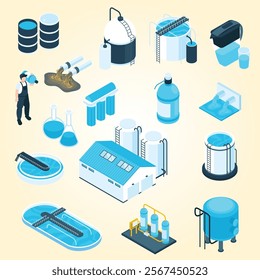 Isometric water purification technology horizontal composition with infographic elements bar charts aqua aeration units and text vector illustration