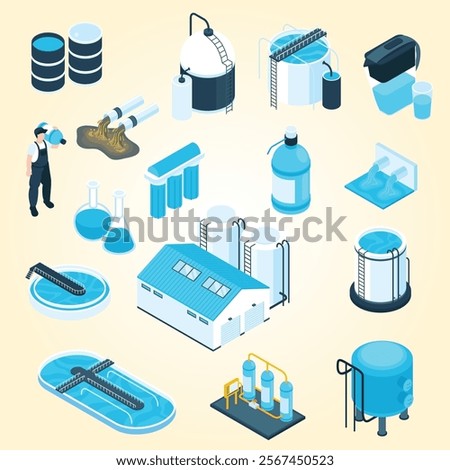 Isometric water purification technology horizontal composition with infographic elements bar charts aqua aeration units and text vector illustration