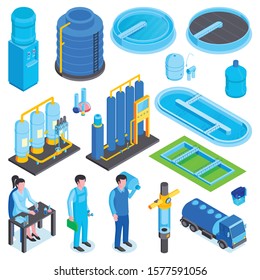 Isometric water purification technology set with isolated images of industrial machines storage tanks and human characters vector illustration