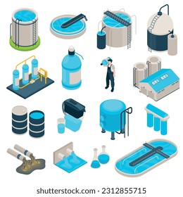 Isometric water purification technology set of isolated icons with barrels lab flasks aeration pools and worker vector illustration