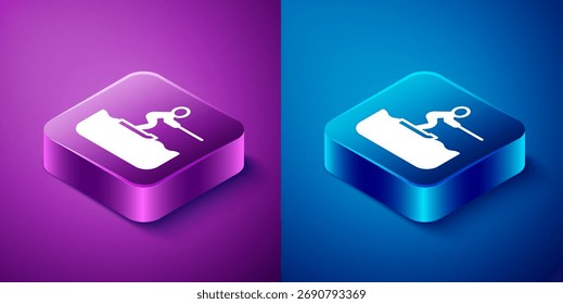 Icono isométrico del hombre del esquí acuático aislado en fondo azul y púrpura. Botón cuadrado. Vector