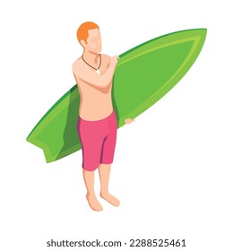 Isometric water sport icon with man standing with green surfboard 3d vector illustration