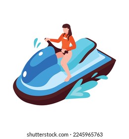 Isometric water sport icon with woman riding waverunner 3d vector illustration