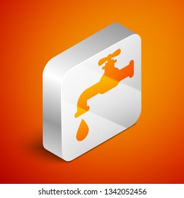 Isometric Water tap with a falling water drop icon isolated on orange background. Silver square button. Vector Illustration