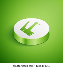 Isometric Water tap with a falling water drop icon isolated on green background. White circle button. Vector Illustration