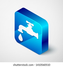 Isometric Water tap with a falling water drop icon isolated on white background. Blue square button. Vector Illustration