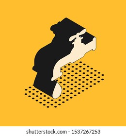 Isometric Water tap with a falling water drop icon isolated on yellow background.  Vector Illustration