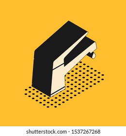 Isometric Water tap with a falling water drop icon isolated on yellow background.  Vector Illustration
