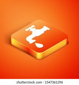 Isometric Water tap with a falling water drop icon isolated on orange background.  Vector Illustration