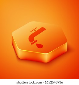 Isometric Water tap with a falling water drop icon isolated on orange background. Orange hexagon button. Vector Illustration