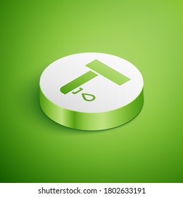 Isometric Water tap icon isolated on green background. White circle button. Vector.