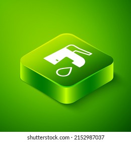 Isometric Water tap icon isolated on green background. Green square button. Vector
