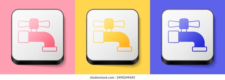 Isometric Water tap icon isolated on pink, yellow and blue background. Square button. Vector