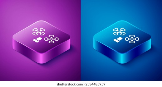 Isometric Water tap icon isolated on blue and purple background. Square button. Vector