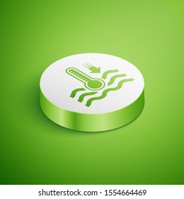 Isometric Water thermometer measuring heat and cold icon isolated on green background. Thermometer equipment showing hot or cold weather. White circle button. Vector Illustration