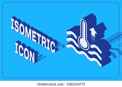 Isometric Water thermometer measuring heat and cold icon isolated on blue background. Thermometer equipment showing hot or cold weather.  Vector Illustration