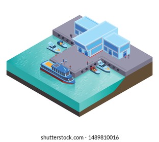 Isometric water transport composition with modern buildings of river station with boats at rest and people vector illustration