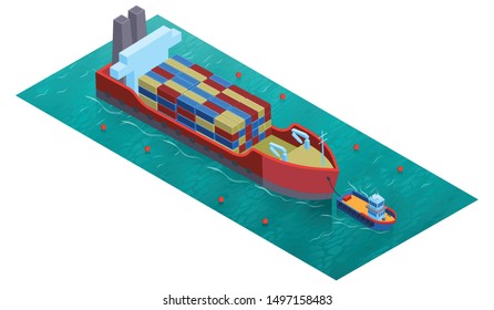 Isometric water transport composition with square platform water surface trawler boat and barge loaded with cargo vector illustration