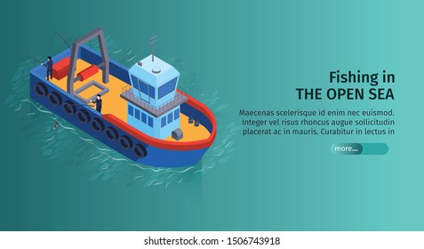 Isometric Water Transport Horizontal Banner With Editable Text And Image Of Fishing Boat In Open Sea Vector Illustration