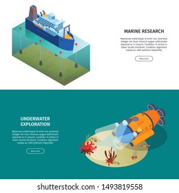 Isometric water transport horizontal banners collection with deep submergence vehicle and research vessel with editable text vector illustration