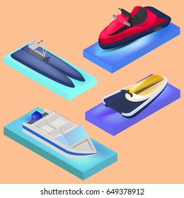 Isometric water transport, motor boat, water bike, jet ski in vector