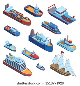 Isometric water transport set with isolated images of modern and vintage sea vessels on blank background vector illustration