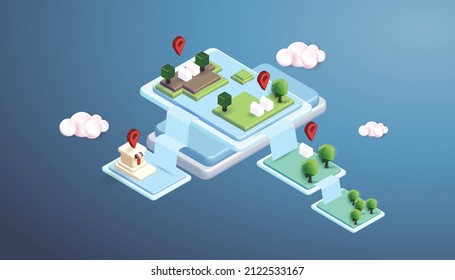 isometric water and tree ecology landscape green architecture diagram element map object concept graphic minimal