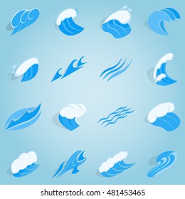 Isometric water wave set icons. Universal water wave icons to use for web and mobile UI, set of basic water wave elements vector illustration