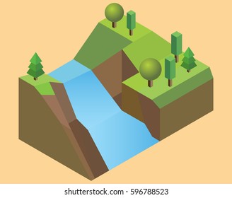 Isometric waterfall Land with a waterfall feature grass, trees, river and ground. Vector Illustration